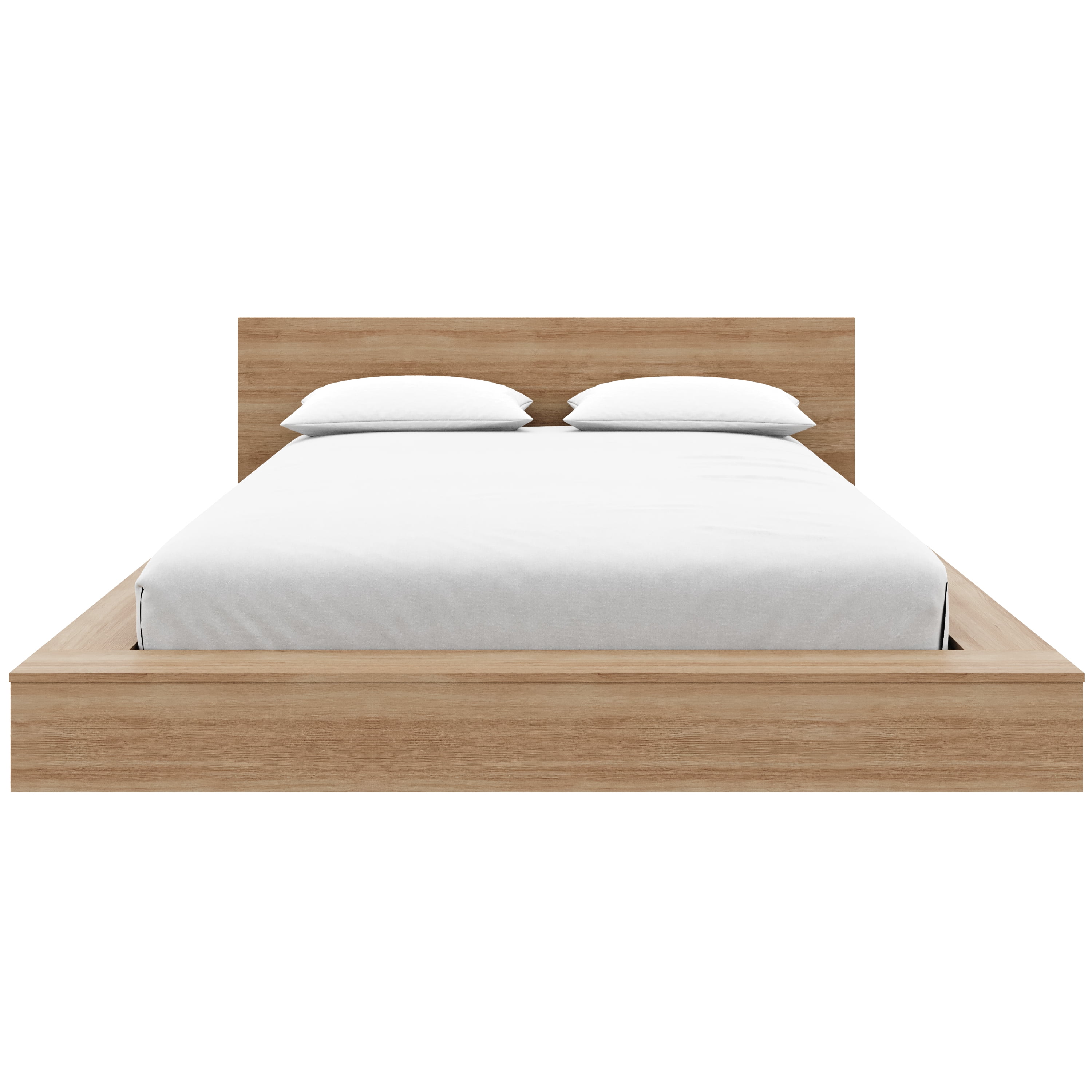 Nexera Kanso Queen Low Profile Wood Platform Bed with Headboard, Brown Oak