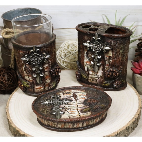 Le Fleur Cross Birch And Pinecones Tumbler Cup Soap Dish & Toothbrush Holder