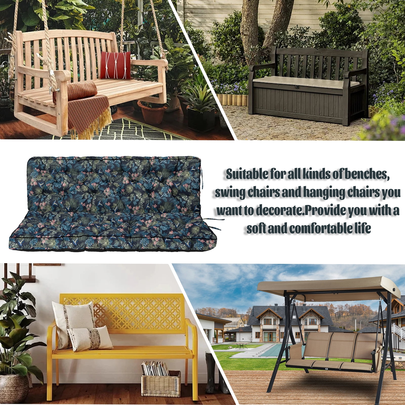 Replacement Cushions for Outdoor Swing, Swing Replacement Cushions Thicken 4" with Backrest, Waterproof Bench Cushions for Patio Furniture Porch Swing Cushions (Hummingbird Flowers)