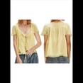 thumbnail image 3 of Blusa de Encaje con Lazo Frontal para Mujer, Transparente, de Corta, Cuello Redondo, Botones, Estilo Bohemio, con Volantes, Estilo Y2K Amarillo S, 3 of 8