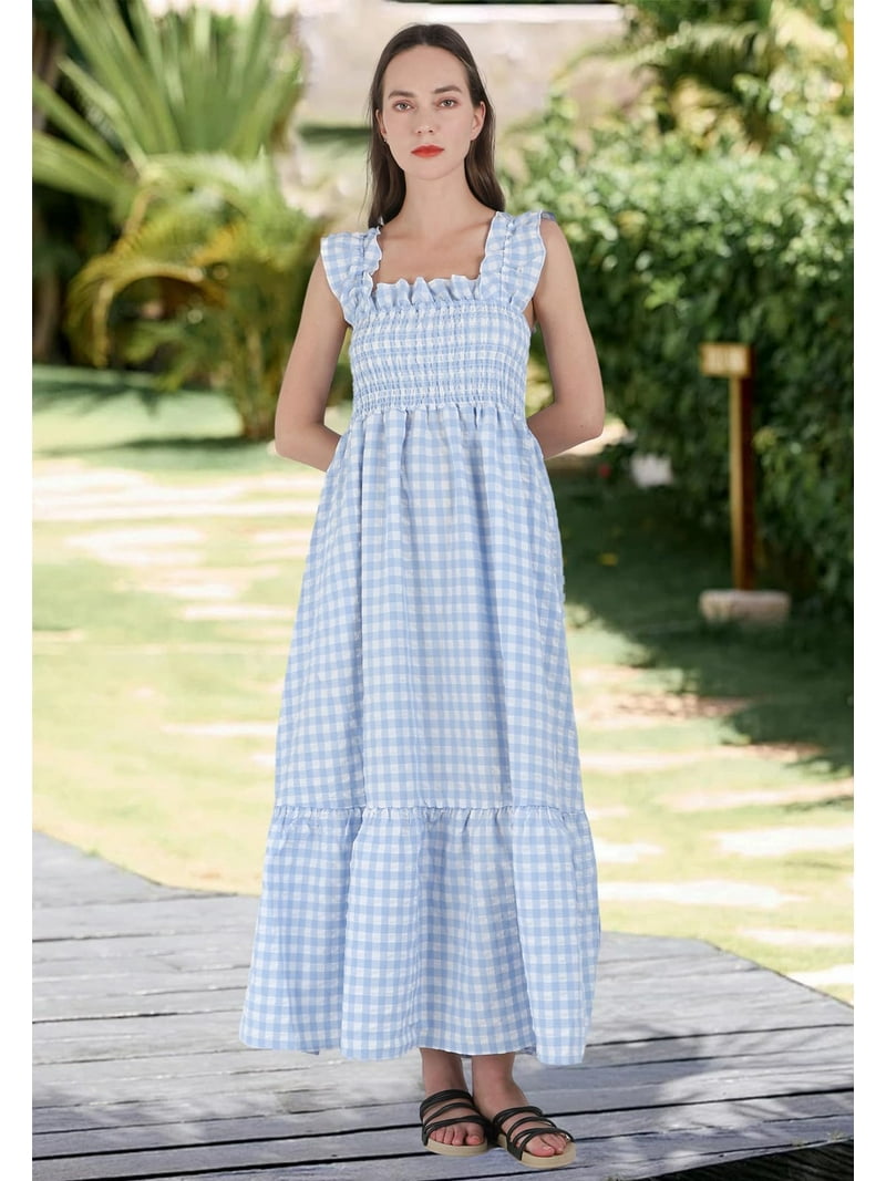 Chouyatou Women's Retro Plaid Smocked Dress Spaghetti Strap