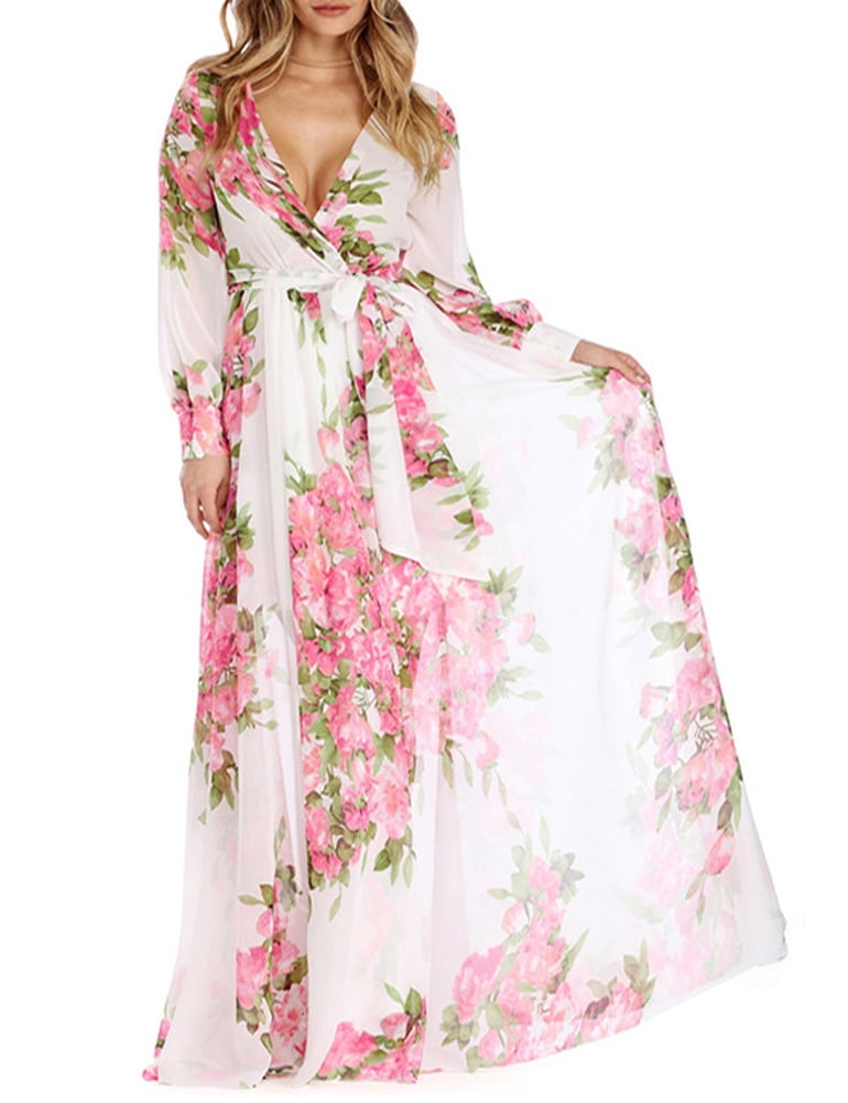 plunging v neckline maxi chiffon dress