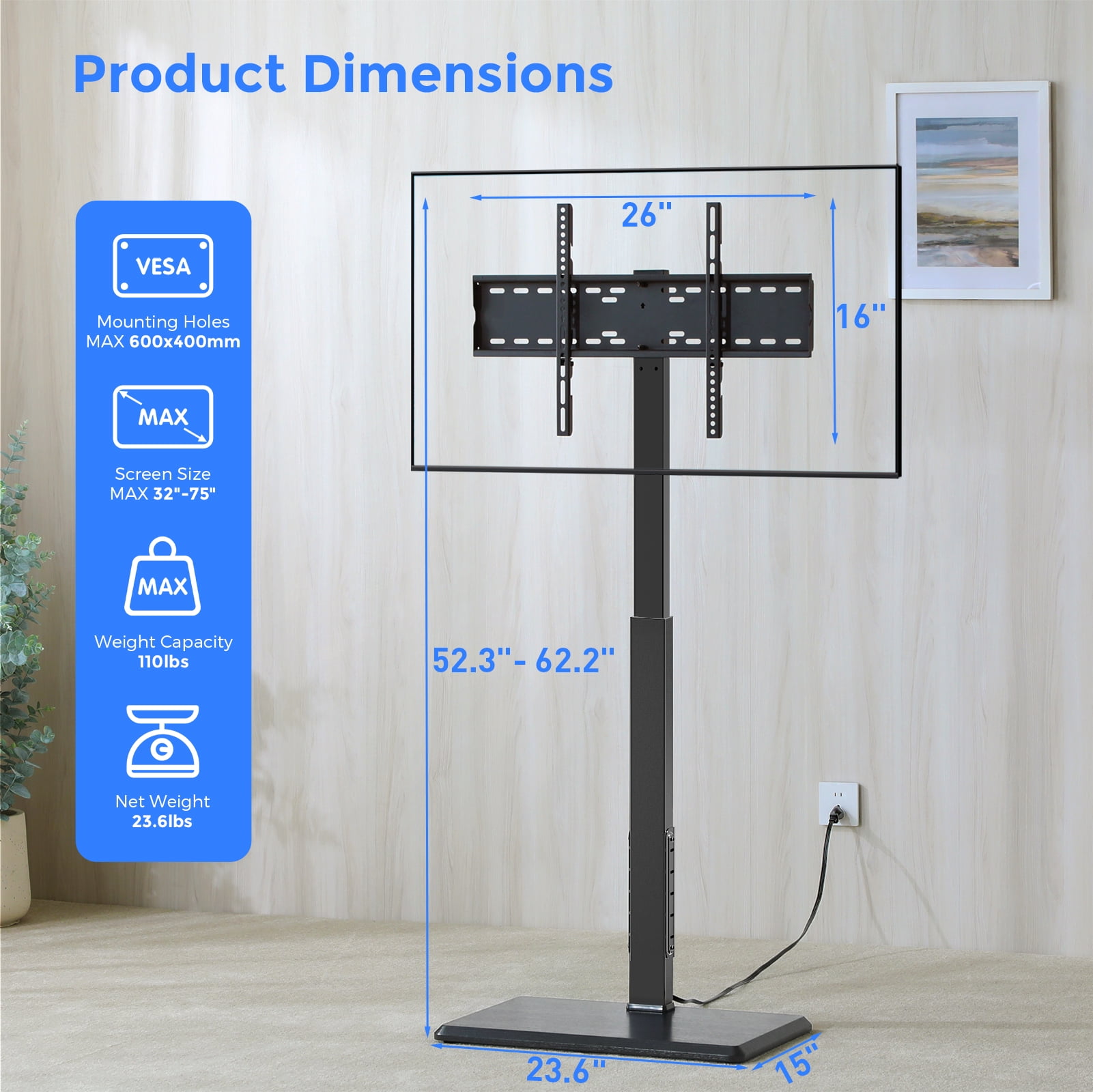 Universal Floor TV Stand,TV Floor Mount Stand with Power Outlet for 32-75 inch TV up to 110 lbs, Swivel and Height Adjustable Tall TV Stand for Bedroom,Office