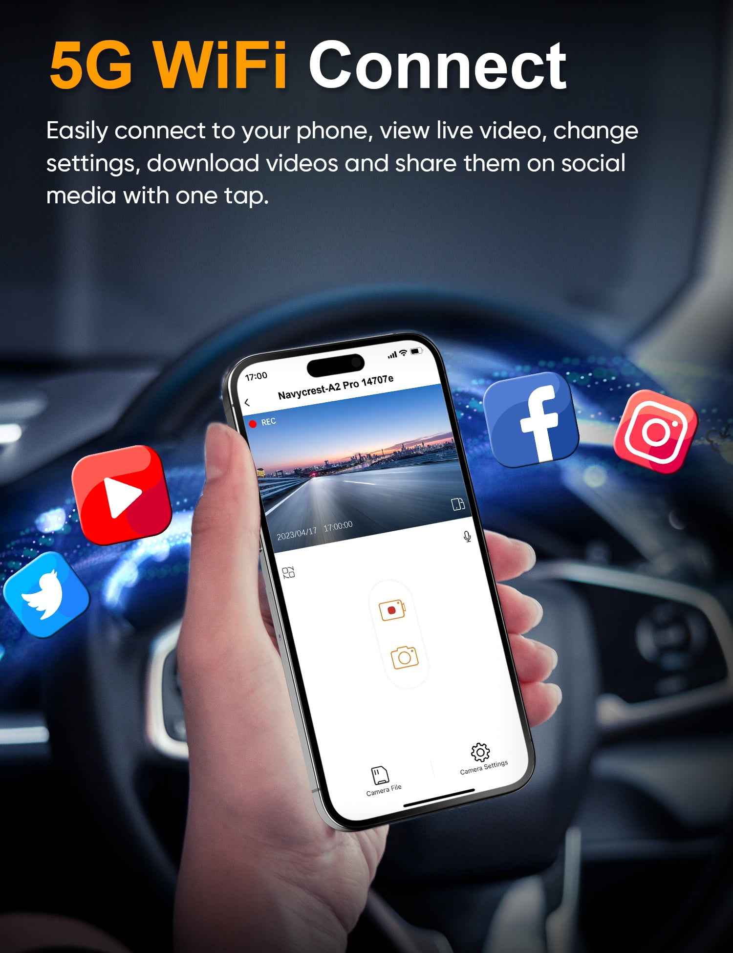 ODREY Dash Cam Front and Rear, 4K+2.5K 5G WiFi & WDR Dash Camera for Car with 64GB Card dashcam, G-Sensor, Super Night Vision, Loop Recording, Parking Mode