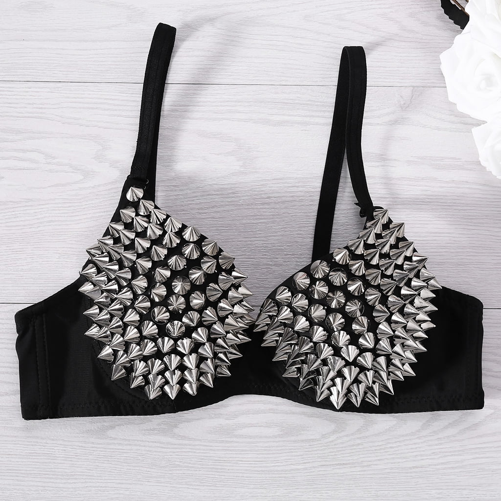 Women's All-over Spike Stud Dance Bra Metallic Punk Style Nightclub Wear