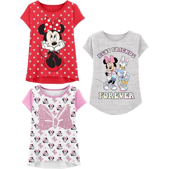 Disney Minnie Mouse Girls T-Shirt, Toddler and Kids Clothes, Red/Gray/White, 3 Pack