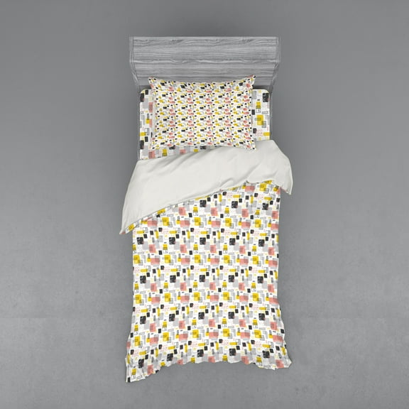 Doodle Duvet Cover Set, Scrapbook Style Hand Drawn Retro Geometric Squares, Bedding Set with Shams and Fitted Sheet, 3 Sizes, by Ambesonne