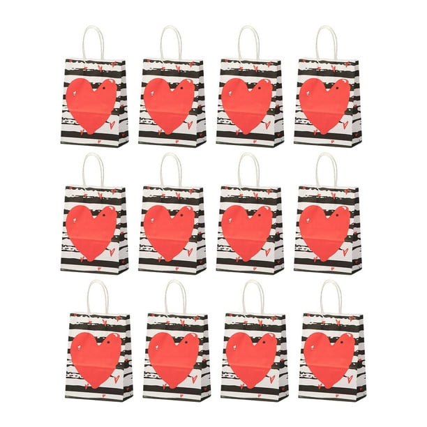 12 bolsas de regalo para San Valentín con asa y forma de corazón, decorativas para fiestas. Blanco negro