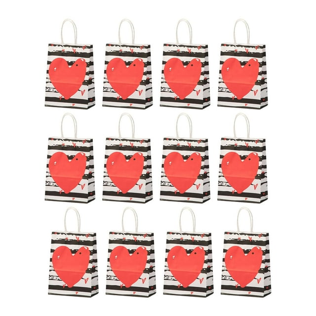 12 bolsas de regalo para San Valentín con asa y forma de corazón, decorativas para fiestas. Blanco negro