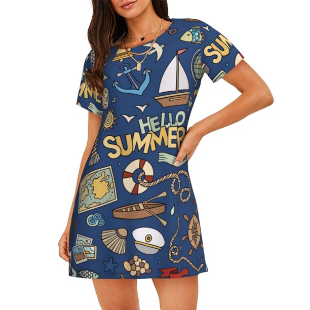 Disketp Marine Nautical para Camisón Corto de Manga Corta para Mujeres, Camisón Cómodo con Escote Redondo, Bonito y Confortable