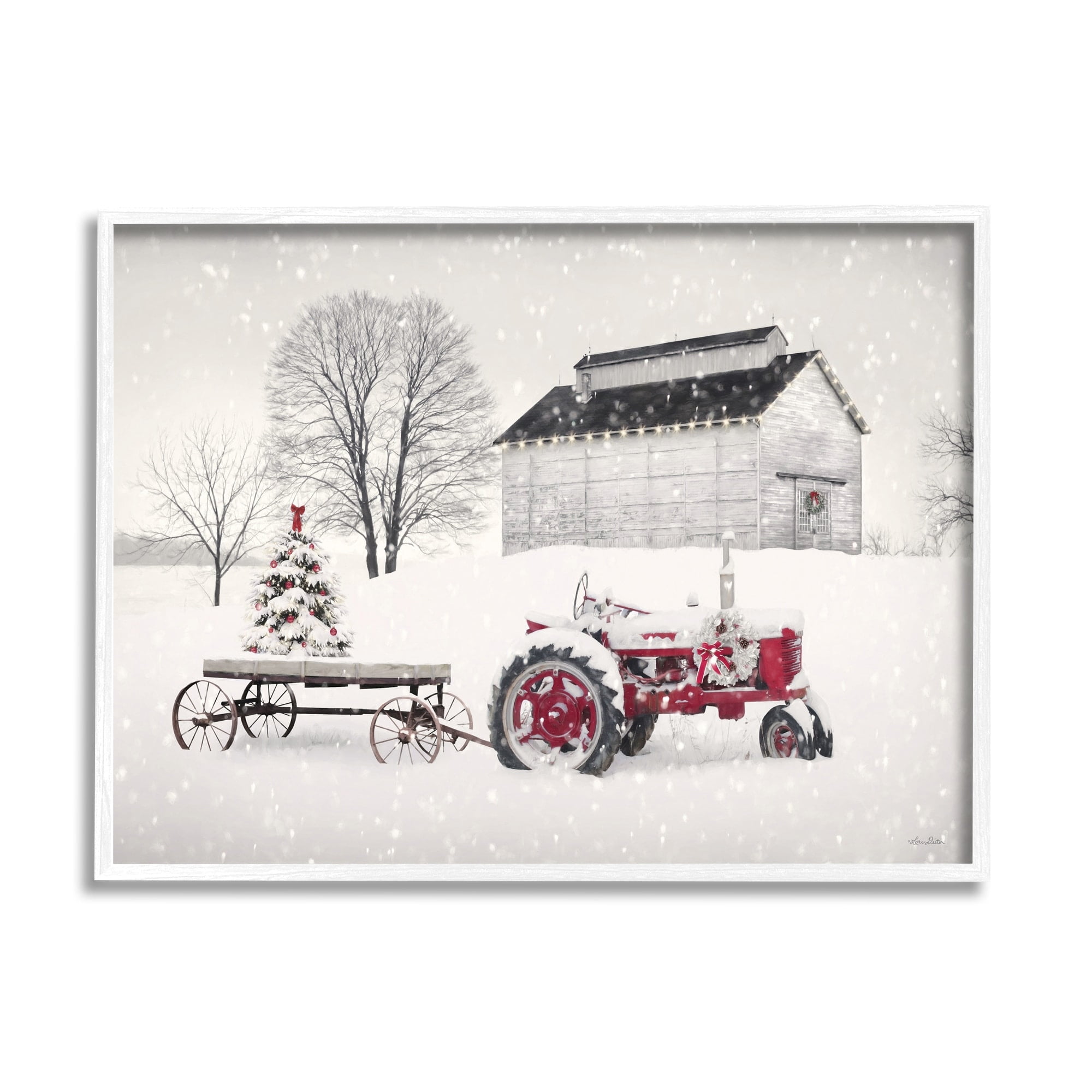 Festive Red Christmas Tractor Niveous Countryside Flurries Landscape Painting Framed Art Print Wall Art