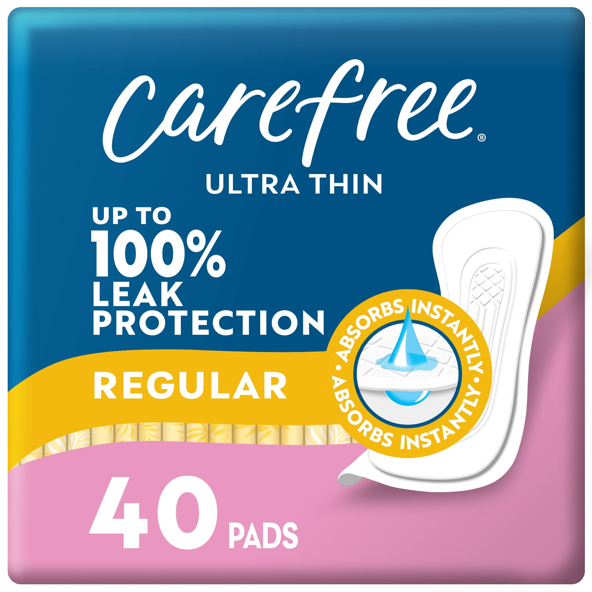 (2 pack) Carefree Ultra Thin Pads without Wings, Regular Absorbency, 40 Count