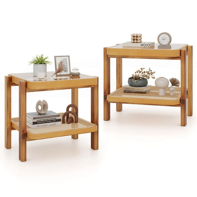 Costway 2 PCS End Table with Tempered Glass Top Acacia Wood Legs Rattan Storage Shelf