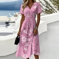 thumbnail image 2 of Women's V Neck Short Sleeve Dress Floral Print A Line Midi Casual Summer Outfit Flowy Lightweight Party Wear Vacation Boho Chic Paisley Abstract Light pink XXXL, 2 of 5