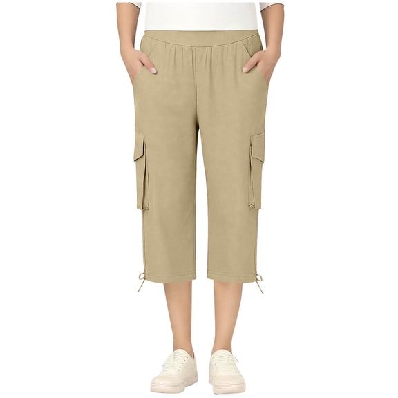 CYRBOKO Girls Capri pants, Elastic Waist Summer Casual Breathable Drawstring Cuffs Capris with Pockets Khaki Size 7-8 T