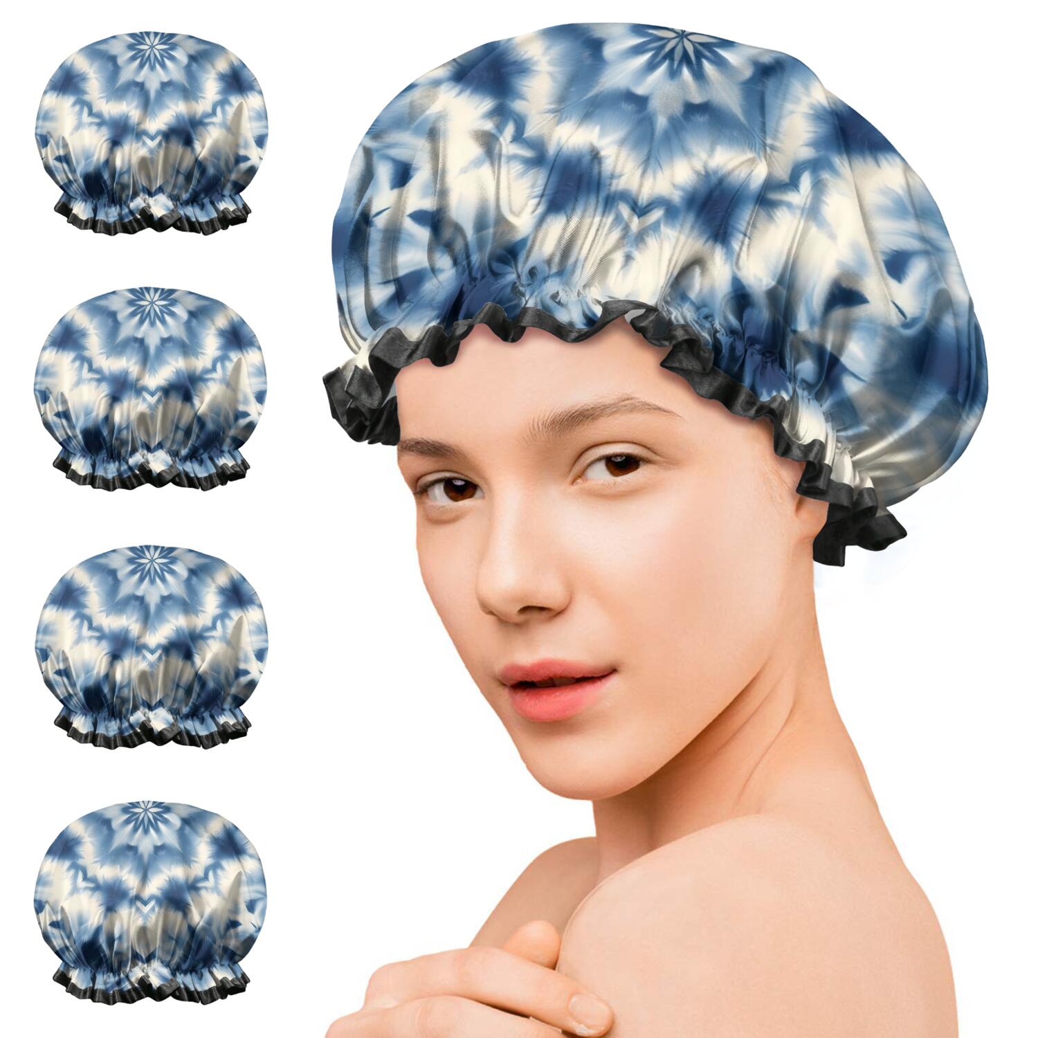 Shower Caps,Indigo Tie Dye Star Waterproof Shower Cap for Women 4 Pieces,Double Reusable Hair Cover for Shower PEVA Elastic Stretch Hem