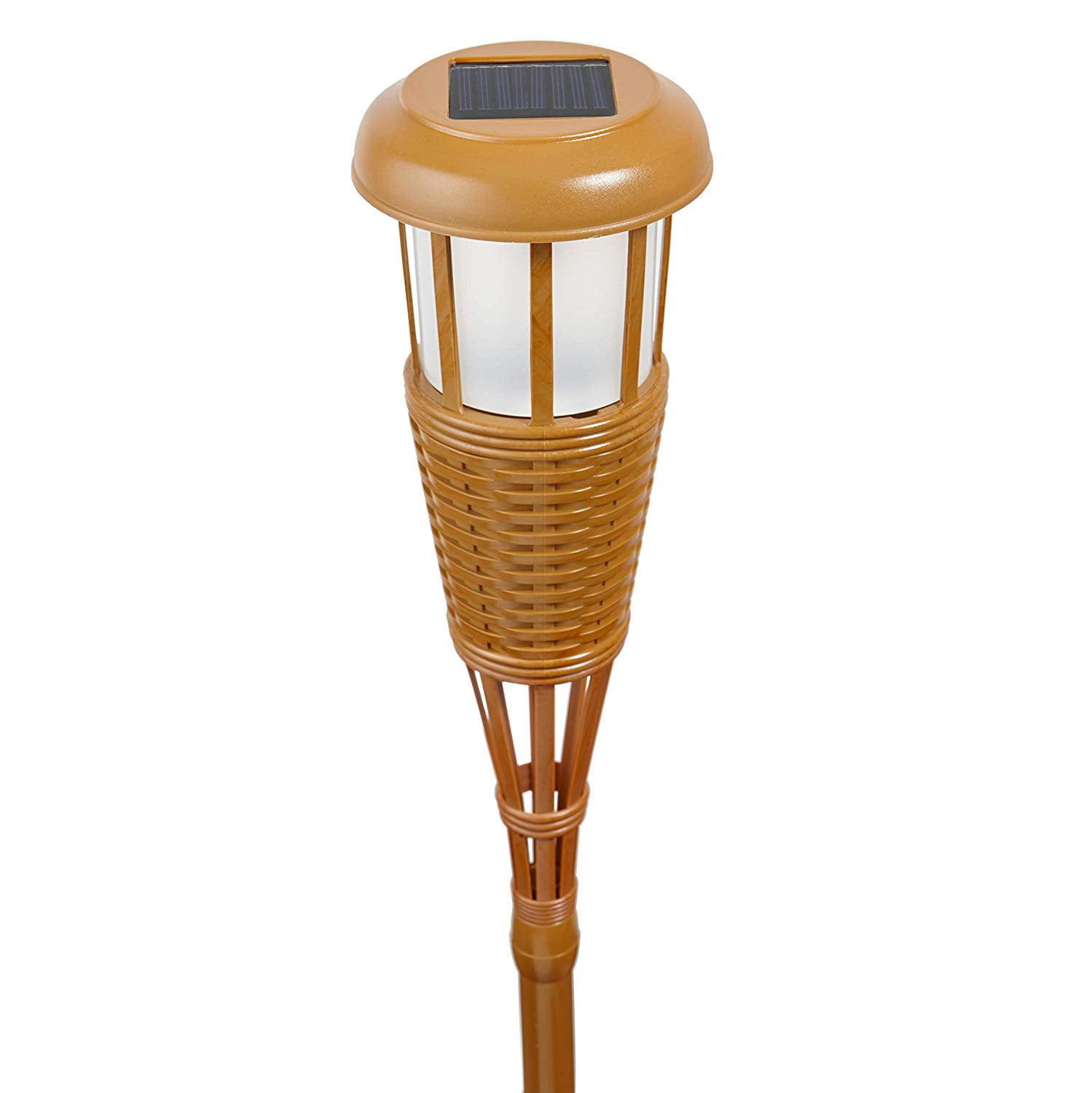 Solar Flickering LED Island Torches, Dusk-to-Dawn Dancing Flame Outdoor Landscape Lighting, Bamboo Finish, 2-Pack