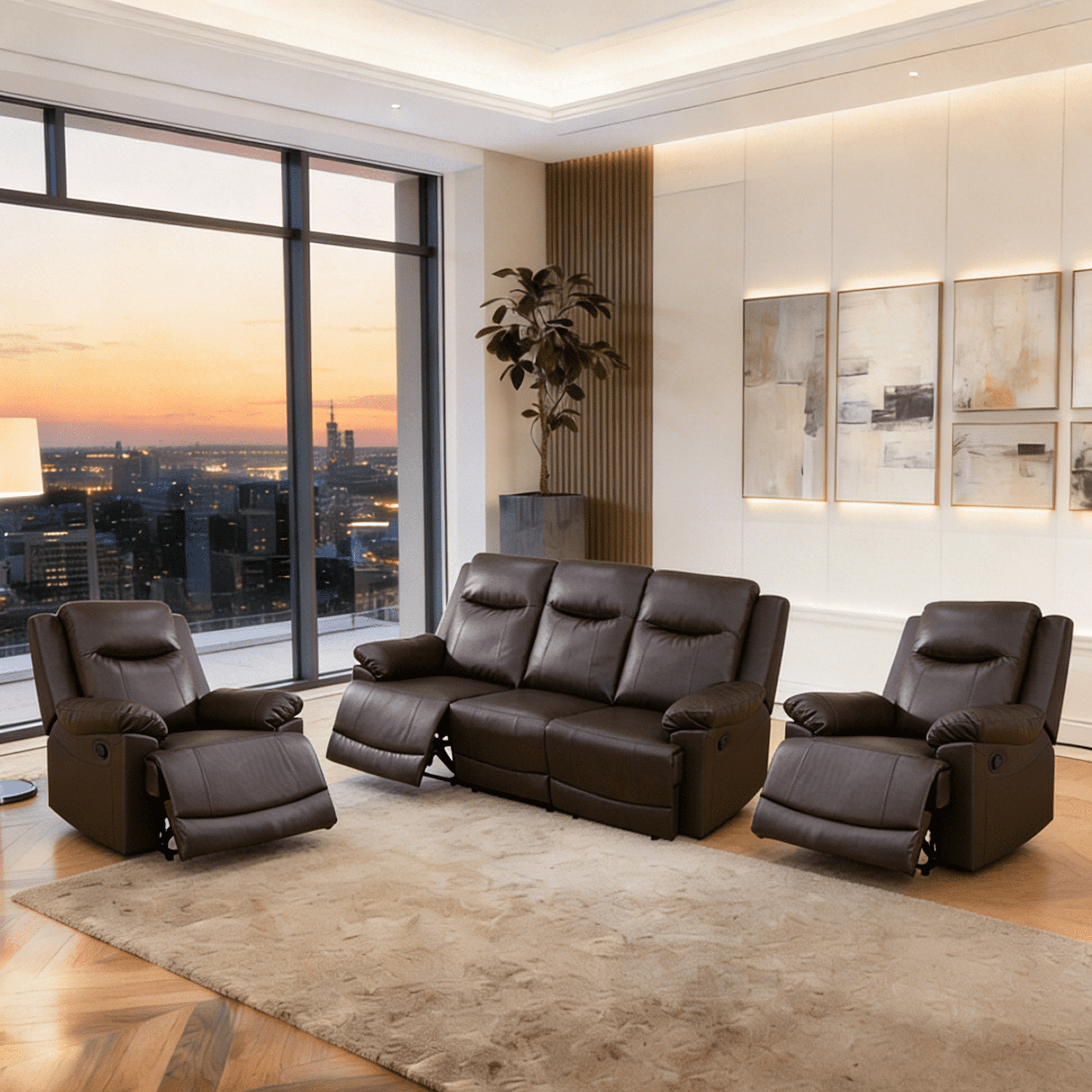Gewnee 3-Seater Sofa with 2 Chaises, Console and Cup Holders, Air Leather, Adjustable Recline, Perfect for Living Room, Brown