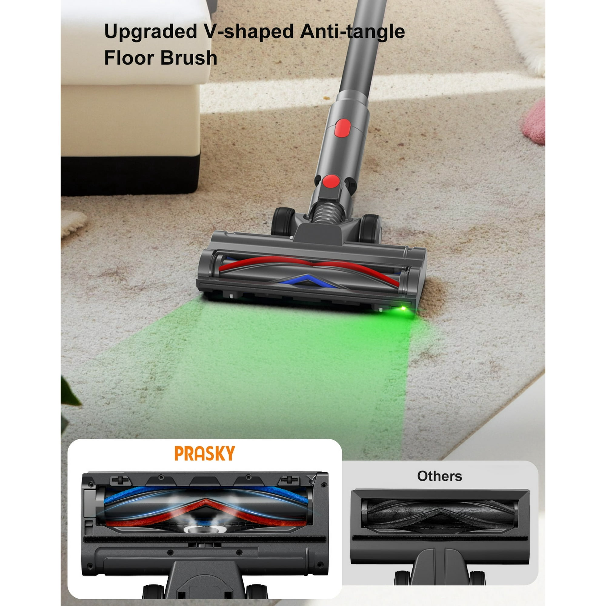 PRASKY Cordless Stick Vacuum Cleaner Adjustable Length Lightweight for Carpet, Hard Floor, Pet Hair (Black)