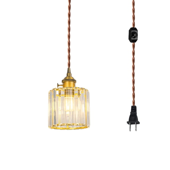KAYYELAMP Crystal Lampshade Brass Finish Base 15 Feet Plug in Dimmable Cable Modern Pendant Light for Island Kitchen Dining Table Loft(No Bulb)