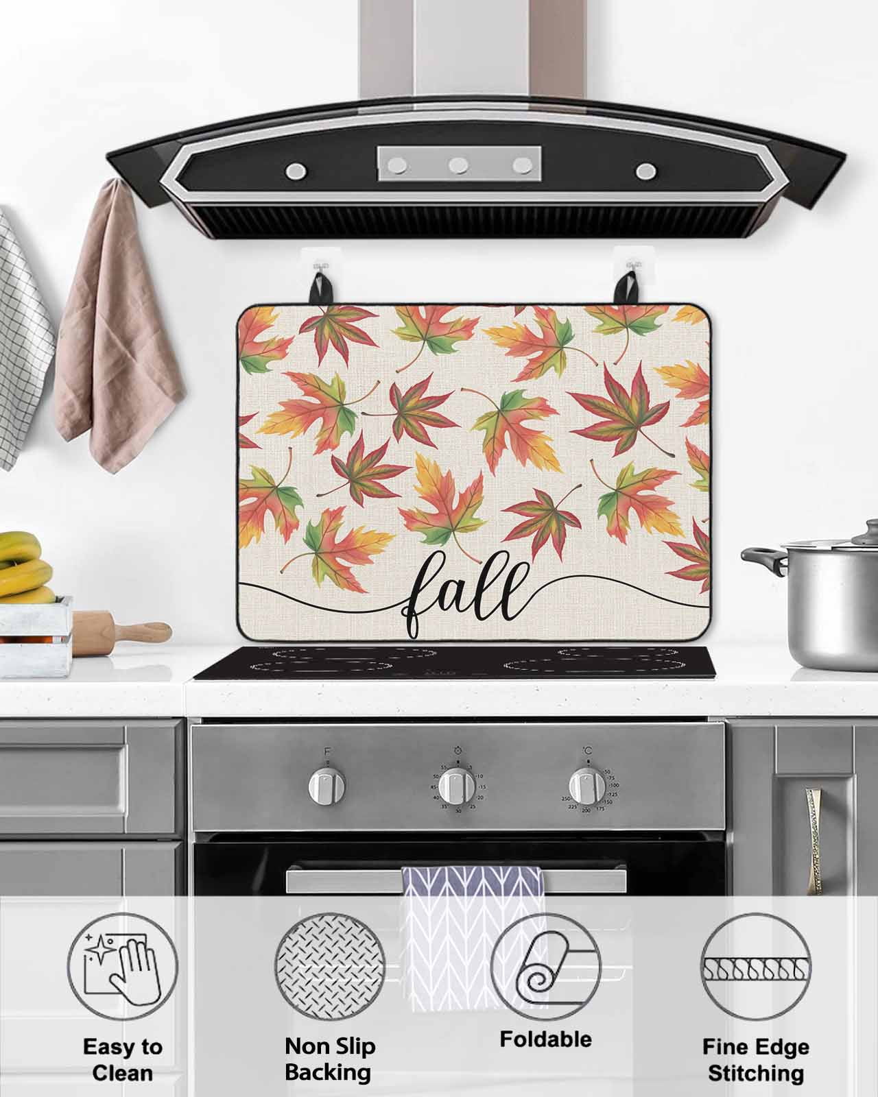 Large Induction Cooktop Protector Mat Fall Stove Top Covers for Electric Stove, Thanksgiving Autumn Gradient Maple Leaf on Linen Decorative Stove Burner Cover Mats, Glass Top Stove Cover