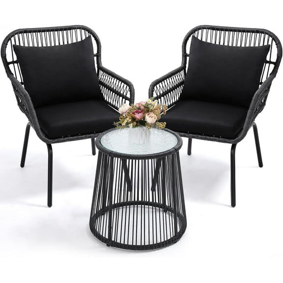 3 Pieces Rattan Wicker Bistro Set, Outdoor Conversation Set, Wicker Furniture Set with Glass Top Table, Space Saving for Balcony, Backyard, Black