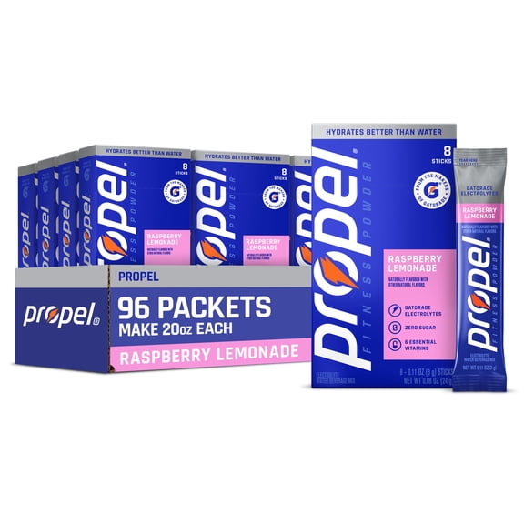 (12 pack) Propel Zero Sugar Raspberry Lemonade, On the Go Packs, Electrolyte Powder Drink Mix, 0.11 oz, 8 Count packets