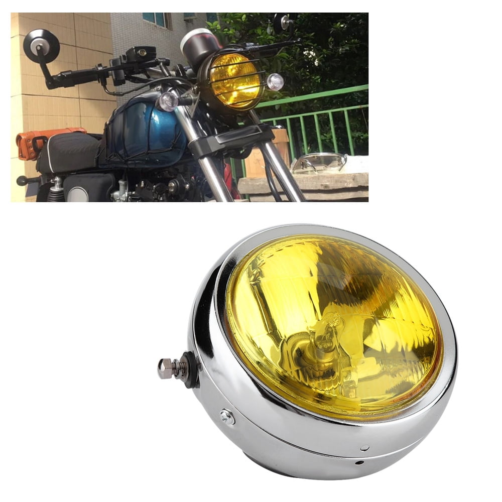 OTVIAP Motorcycle Headlight,Universal Retro Yellow Lens Silver Shell
