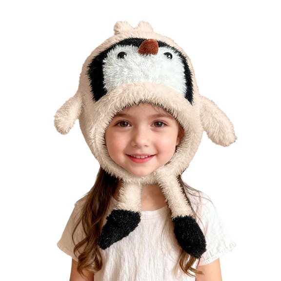 AWZXDE Kids Winter Hat With Ear Polar Animal Penguin Design Thermal Insulated Windproof For Toddler Boy Girl Beige