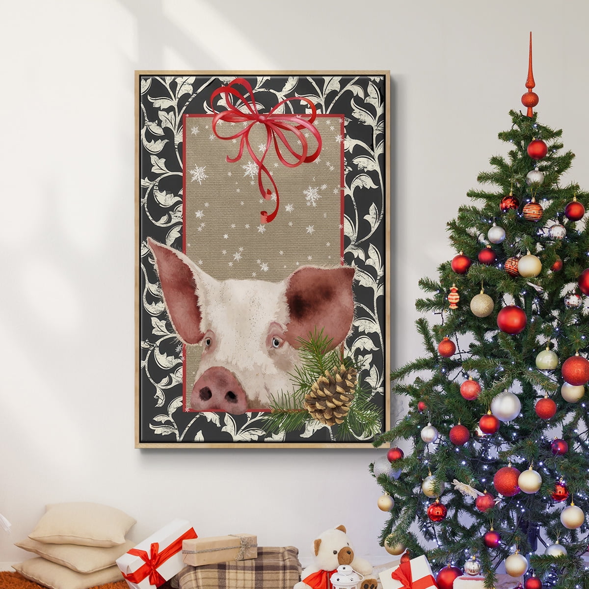 County Christmas Farm II - Framed Gallery Wrapped Holiday Canvas - 17 x 25 - Natural Wood Frame