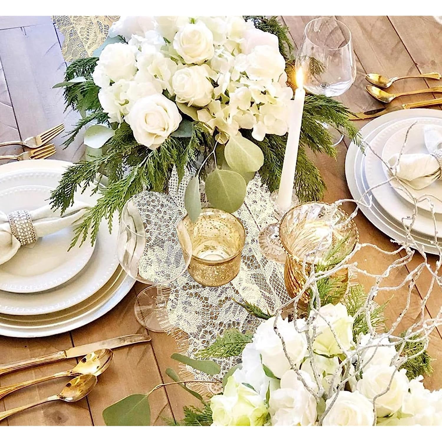 6 Pcs White Lace Table Runner 14 x 120 Inch Embroidered Boho Table Runner for Wedding Party Bridal Shower Decorations Vintage Rustic Table Runners