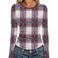thumbnail image 2 of HAiming Womens Plaid Knit Shirt Slim Fitted Long Sleeve Round Neck Pullover Tops Ribbed Solid Color Sweater, 2 of 6