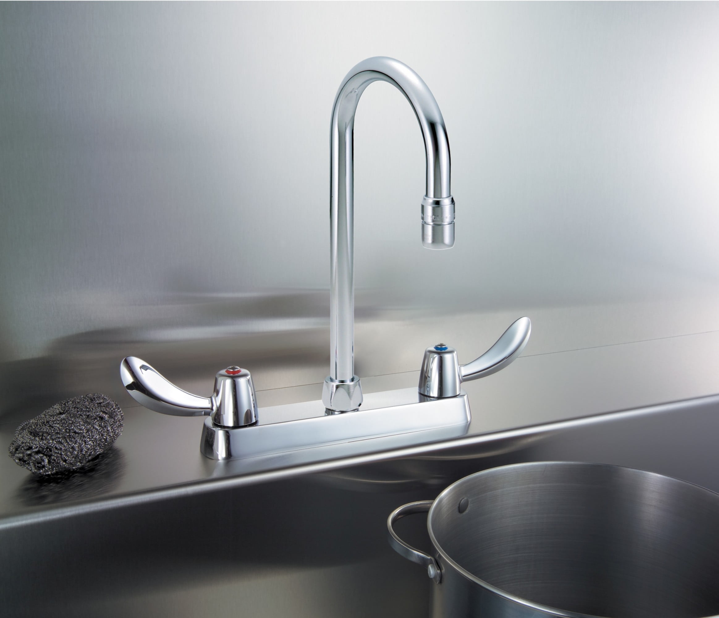 Delta 26C3942 Commercial Ceramic Disc Kitchen Faucet with Gooseneck Spout and Vandal Resistant Hooded Blade Handles, Chrome