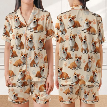 Lotusprinthandmade Cue Corgi Dog All-over Print Satin Short-Sleeve Pajamas Set (No Pocket) (XL) cute corgi dog sleepwear animal print pajamas