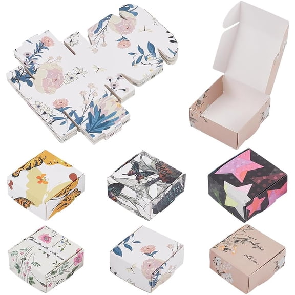 36Pcs 6 Styles Prints Square Paper Gift Boxes Soap Boxes 2.2x2.2x1inch Floral/Butterfly/Star Pattern Cardboard Gift Wrap Boxes for Gifts Birthday Wedding Favor Mixed Color