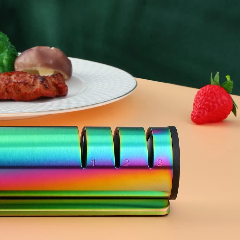 ABPETE 4-in-1 Kitchen Knife Accessories, 3-Stage Knife Sharpener Helps Repair, Restore, Polish Blades, Professional Knife Sharpening Tool for Kitchen Knives, Easy Manual Sharpener - Rainbow