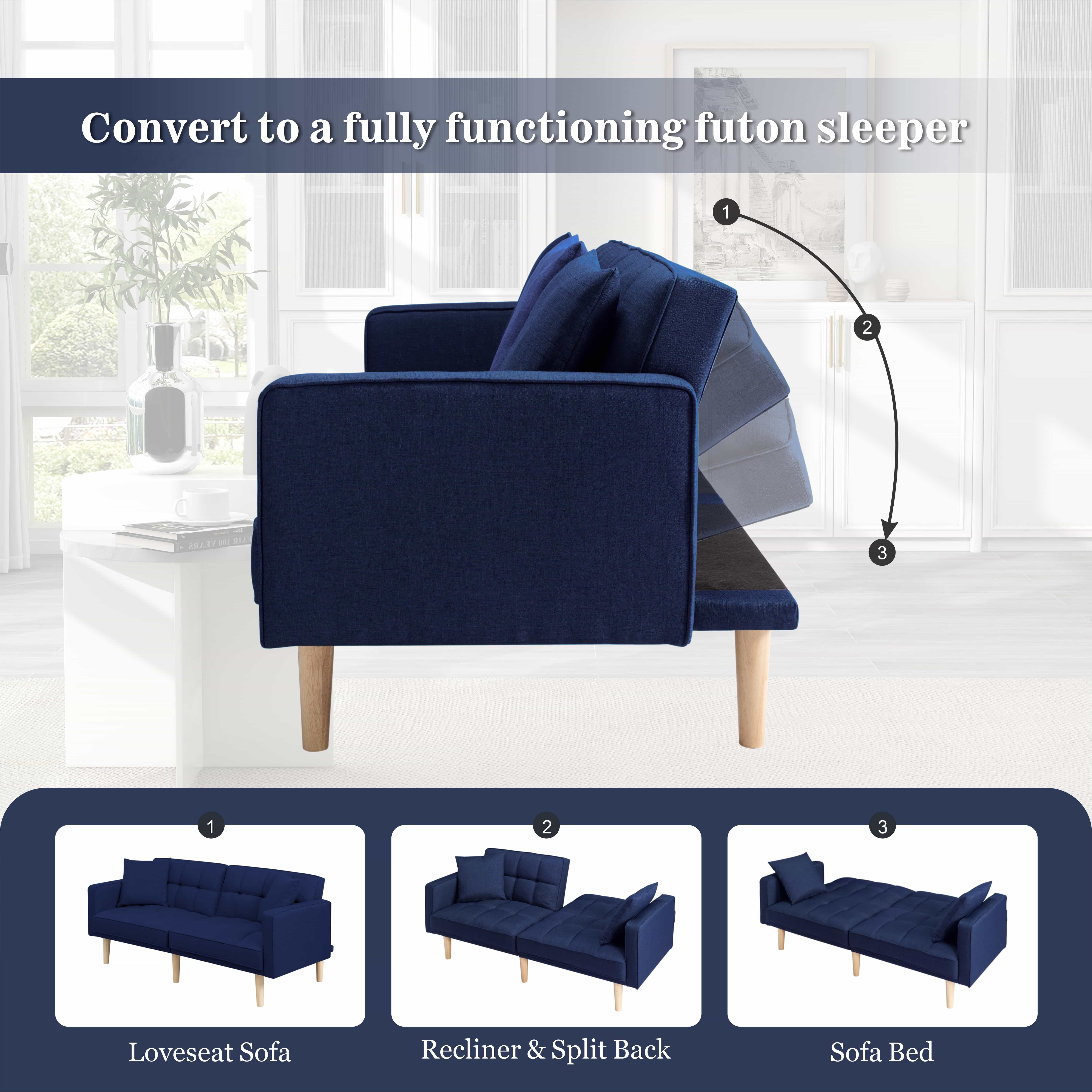BSHTI 71.5 inch Modern Adult Futon Sofa Bed,Adult Sleeping Chouch with 2 Pillows for Livingroom,Navy Blue