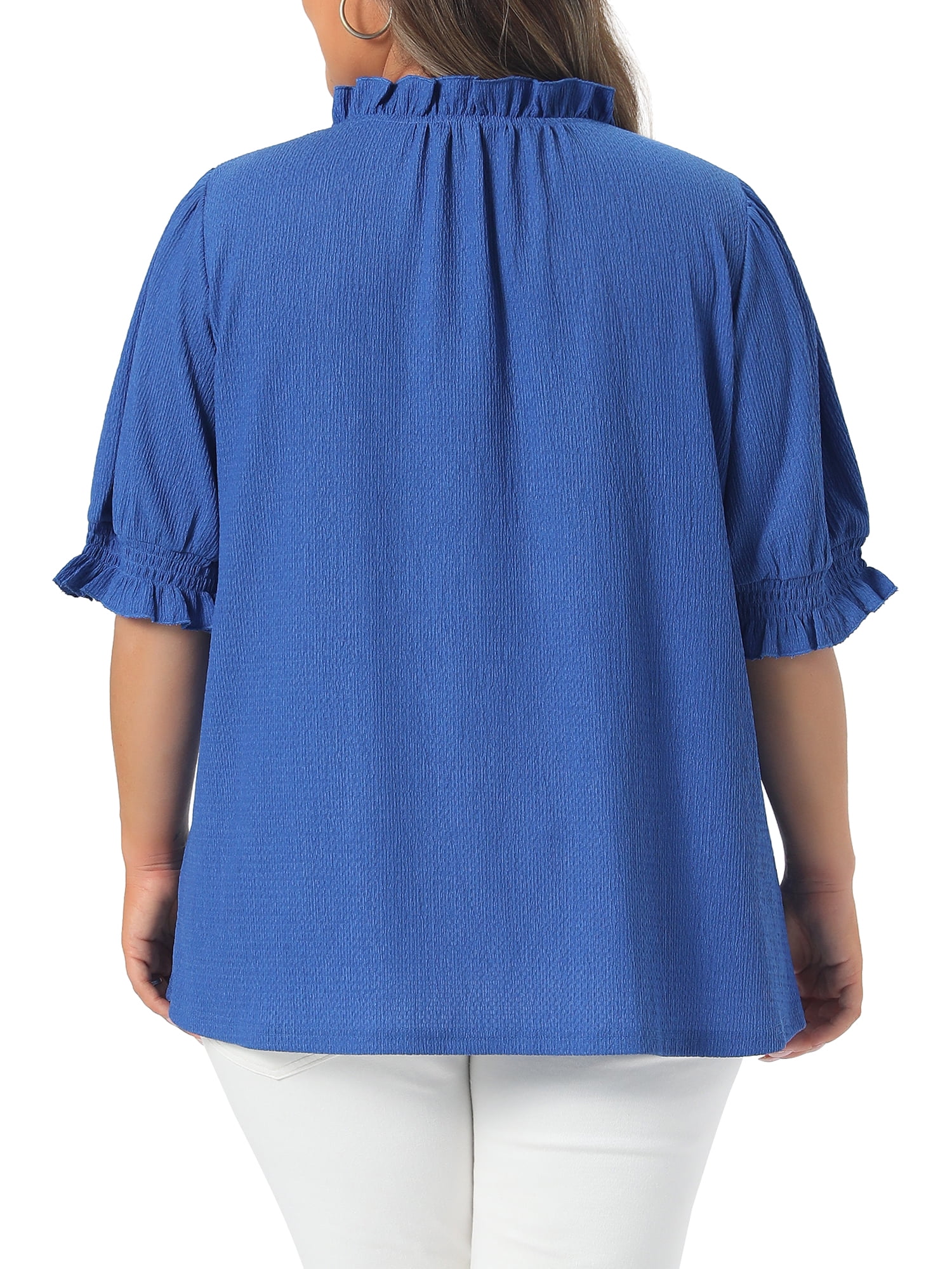 DARING DIVA Women's Plus Ruffled Trim V Neck Puff Sleeve Top 4X Royal Blue