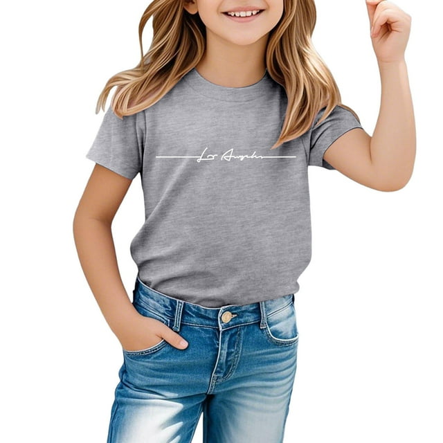 NINGMENG Hauts et T-Shirts pour Filles, Été, Imprimé Lettre, Col Rond, Manches Courtes, Ample, Décontracté, Gris, 8-9 Ans