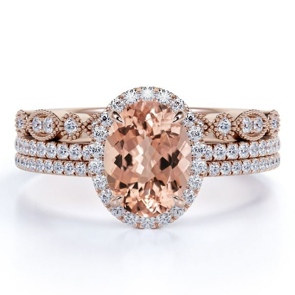 JeenMata Beautiful 2 Carat Oval Cut created morganite and Moissanite Trio Wedding Set in Rose Gold