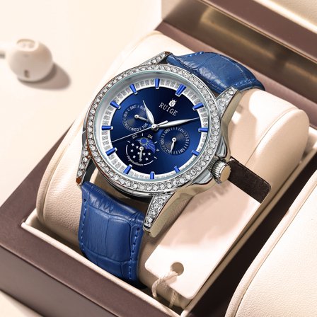 RUIGE Men's Trendy Watch Men's Quartz Watch Genuine Leather Waterproof Blue Watch