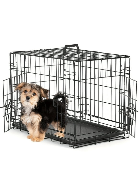 24-Inch Dual-Door Folding Metal Dog Crate with Divider & Washable Tray - Portable Durable Pet Kennel for Indoor/Outdoor Use - Black