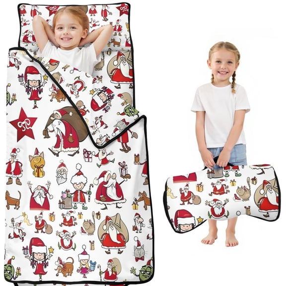 White Christmas Santa and Character Pattern Toddler Nap Mats for Kids Preschool,50"x20" Sleeping Mat Bag or Kids,Toddler Sleeping Bag,Toddler Nap Mat or Daycare