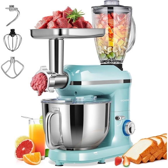 6-Quart Tilt-Head Stand Mixer, 10 Speeds, 3-in-1 Food Mixer with Meat Grinder & Blender, Blue