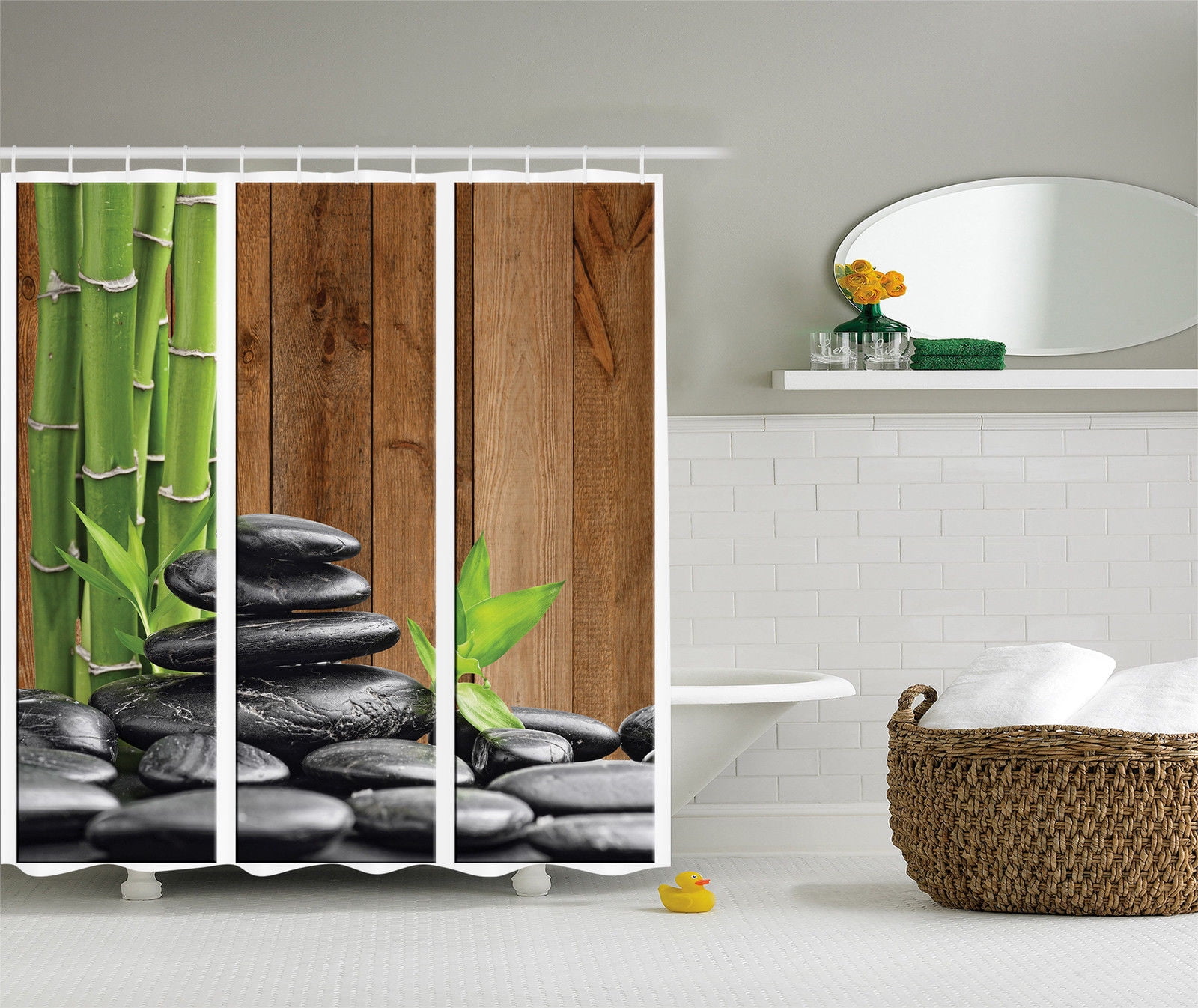 Spa Zen Basalt Stones and Bamboo Trees Picture Print Fabric Shower