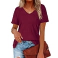 thumbnail image 1 of Camiseta de mujer simple con rayas verticales de corte holgado y manga corta con cuello en V de color puro para el verano, 1 of 6