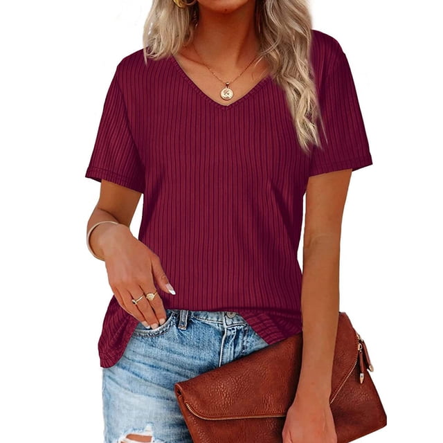 Camiseta de mujer simple con rayas verticales de corte holgado y manga corta con cuello en V de color puro para el verano