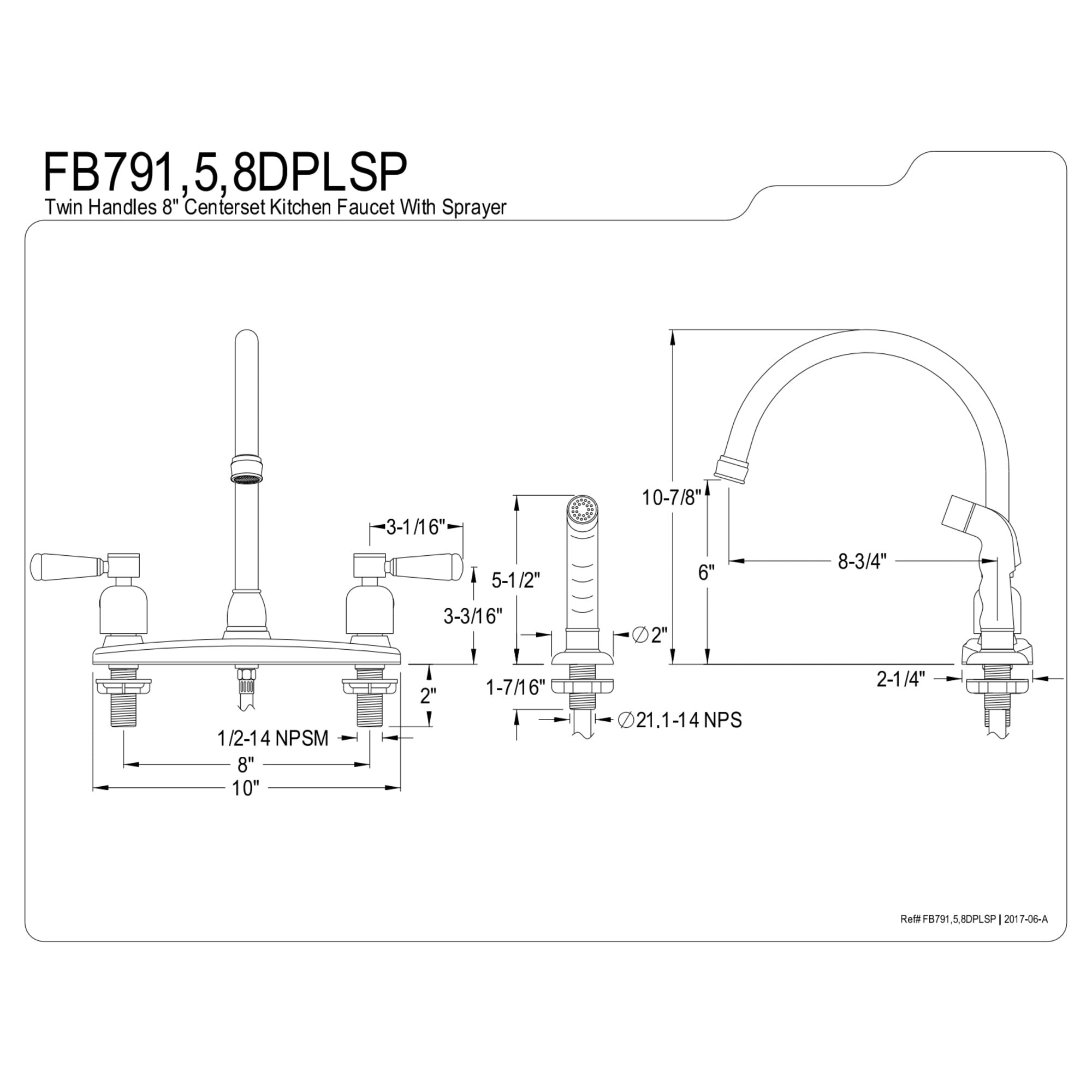 Kingston FB798DPLSP Paris Two-Handle 4-Hole 8" Centerset Kitchen Faucet with Side Sprayer in Brushed Nickel