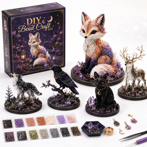 Mythical Forest DIY Bead Kit Collection Fox, Tiny Beadwork Animal DIY Kit with Colorful Beads, Creative Handmade Craft Project for Adults Teens