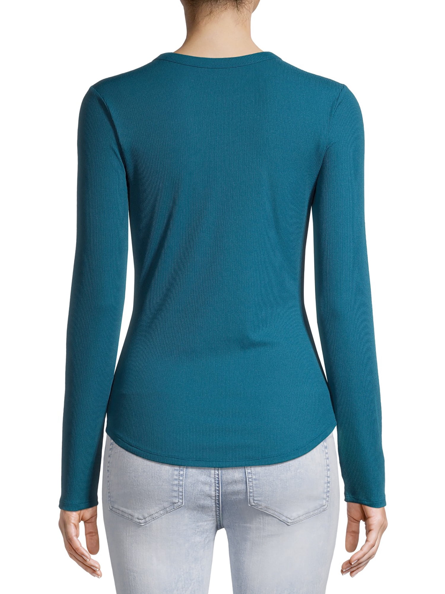 No Boundaries Ribbed Crewneck Tee with Long Sleeves, Women's